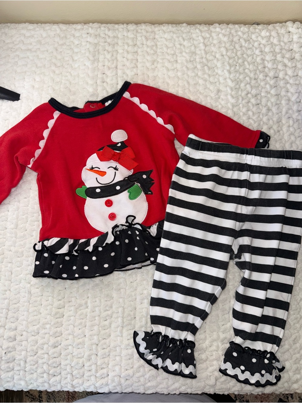 Girls' Red Snowman Matching Set with Black & White Stripes